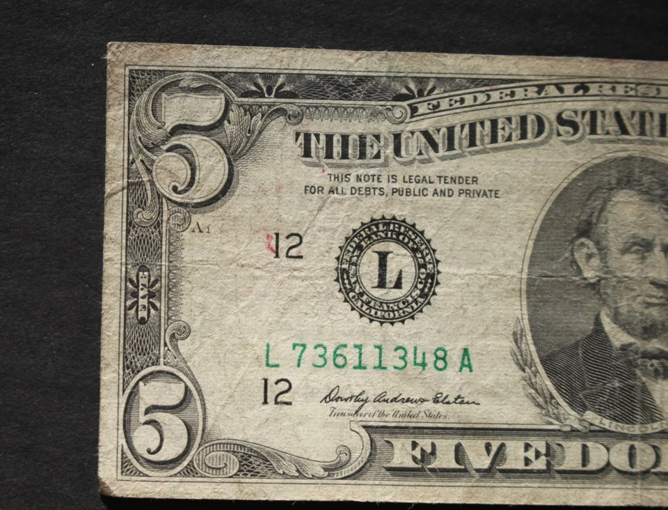 1969 $5/San Francisco/Federal Reserve Note/significant circulation/F-1972L - Image 2 of 4