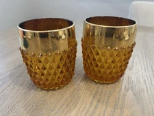 Set of 2 Vintage INDIANA GLASS AMBER DIAMOND POINT On The Rocks 24k Gold Band