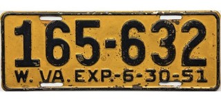 99 CENT SALE 1951 West Virginia License Plate #165 632 No Reserve