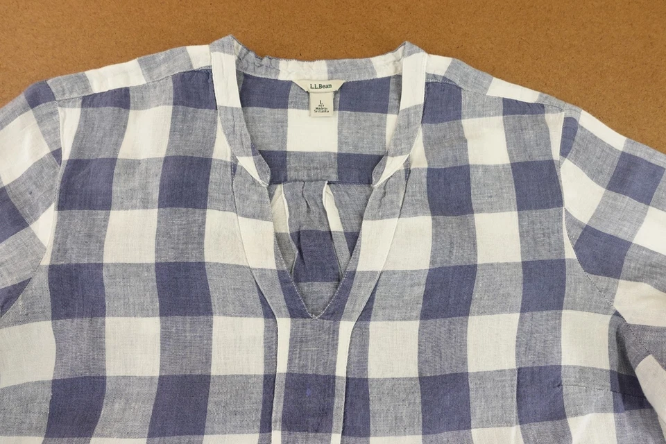 LL Bean Womens Size Large Petite Blue Plaid Linen V Neck Pullover Top *Flaw - Image 2 of 4