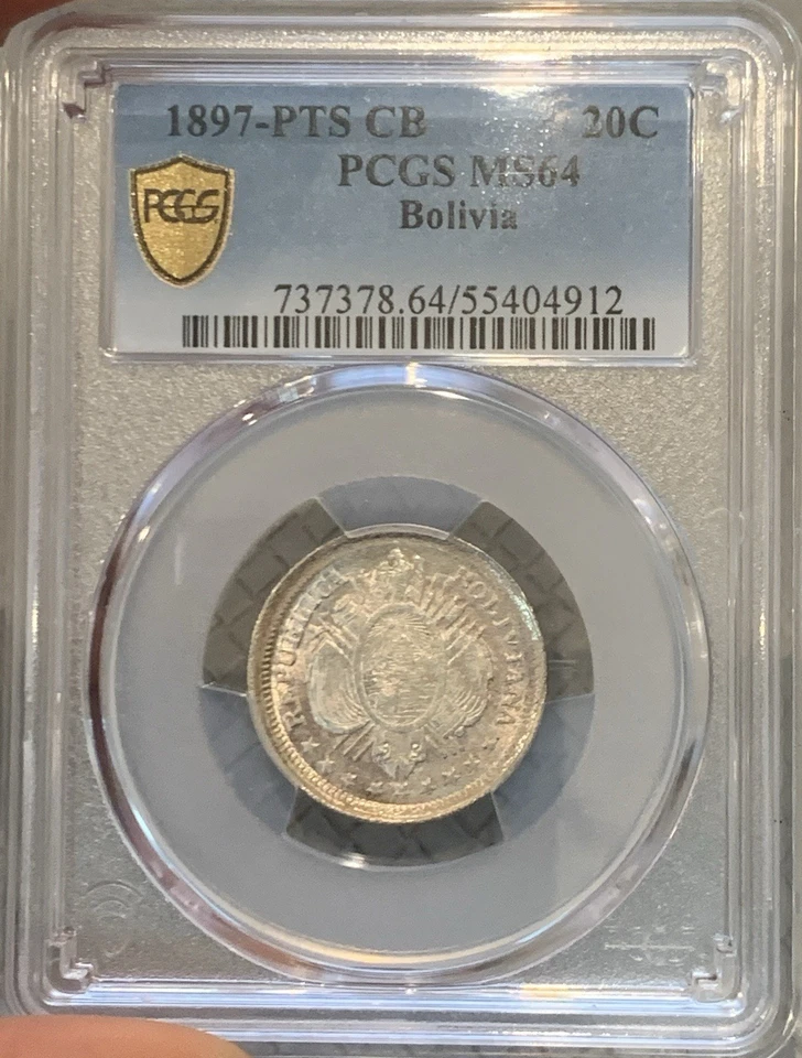 1897 PTS CB BOLIVIA 20 CENTAVOS SILVER COIN PCGS MS64 - Image 4 of 4