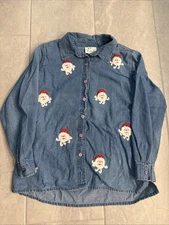 Quacker Factory Novelty Embroidered Christmas Denim Shirt Large