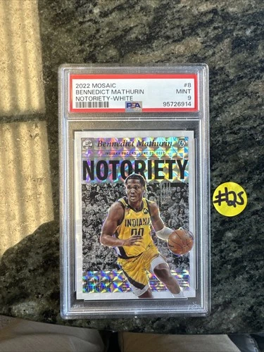 2022-23 Panini Mosaic Benedict Mathurin Notoriety Mosaic White /25 RC Psa 9