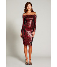 TADASHI SHOJI Wine Black Sheer Yoke Off Shoulder Sequin Embroidered Dress 6 = S