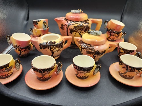 Vtg 50s French Provençal Faience Cicada Tea Set Teapot Cream Sugar Cups &Saucers