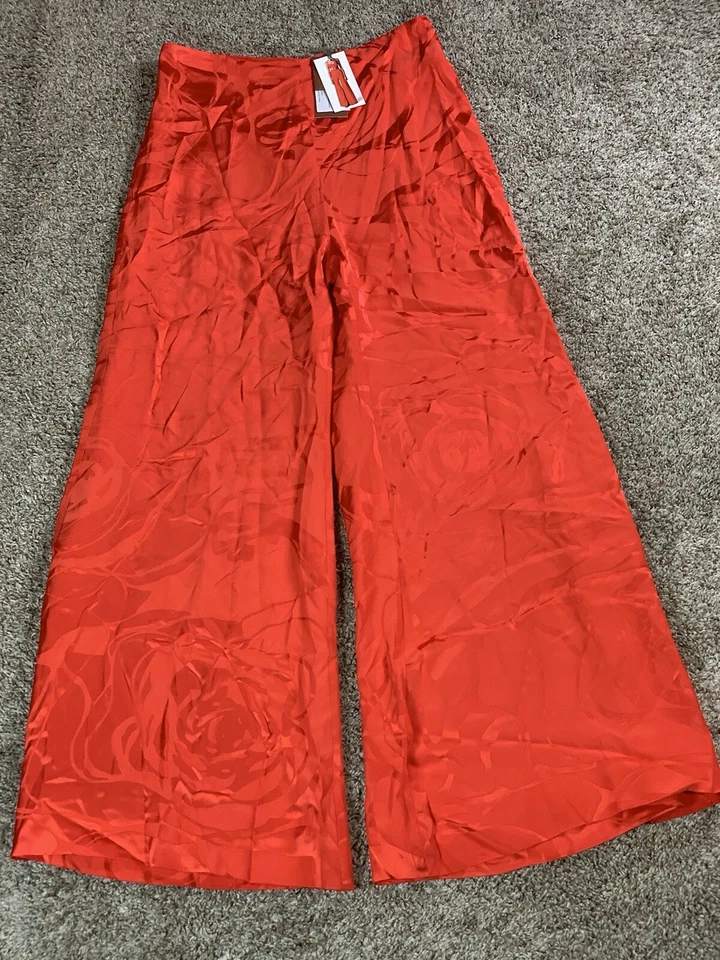 Calça Silvia Tcherassi Grande Vermelha Feminina Floral Gruta Jacquard Perna Larga Zíper Traseiro