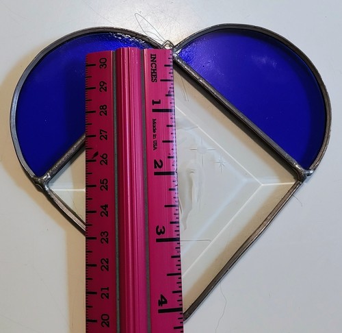 Vintage Stained Glass Blue & Clear Heart w/ Etched unicorn Window Suncatcher - Picture 4 of 4