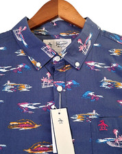 Penguin by Munsingwear Shirt Mens XL Blue Geometric Button Down Boat Print Aloha