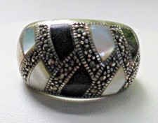Sterling Silver Marcasite Onyx Mother Of Pearl Ring Size 6.75 New