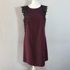 MONSOON Two Tone Shift Dress Lace Inserts Embellished Burgundy Black Size 10