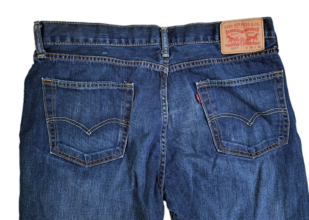 Levis 504 Jeans Men's 36x36 Dark Blue Wash Distressed Denim Pants