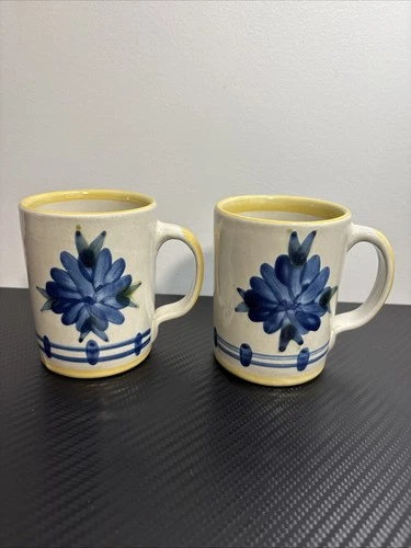 2 Louisville Stoneware Mugs  Hand Painted  Blue Flower Made in Kentucky, USA