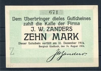 Berg. Gladbach 10 Mark Notgeld 1914 m. Z Perforation / J.W.Zanders ......2/31543
