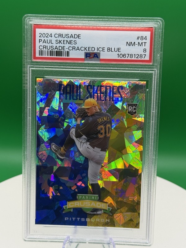 Panini 2024 Crusade Paul Skenes Pirates #84 Blue Cracked Ice Prizm RC PSA 8