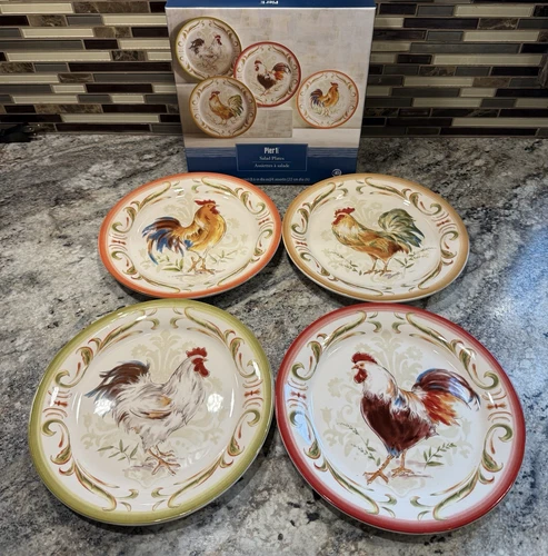 Set 4 Pier One Ironstone Rooster Chicken Dessert Salad Plates Country 8.75” NIB