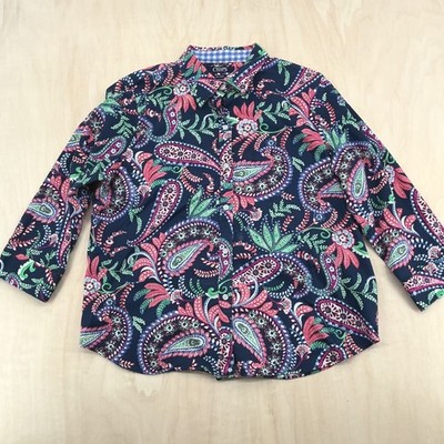 Wms Petite XL Button Down Shirt Navy Bright Paisley Cotton 3/4 Sleeve Chaps Boho