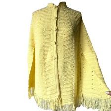 VTG Hand Knit Crochet Cape Button Front Shawl Poncho Cottagecore Retro Yellow