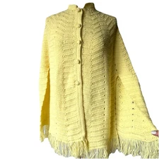 VTG Hand Knit Crochet Cape Button Front Shawl Poncho Cottagecore Retro Yellow