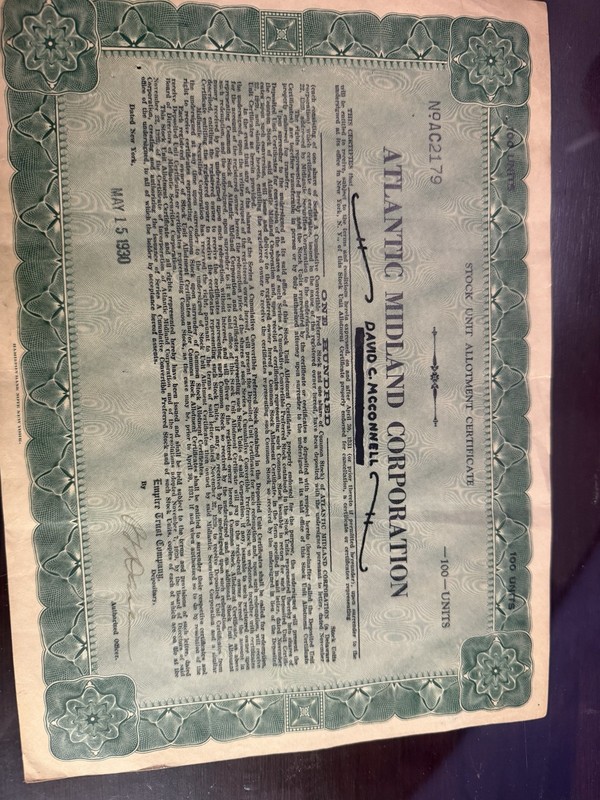 ATLANTIC MIDLAND CORPORATION 1930 STOCK CERTIFICATE 100 UNITS UNCANCELLED