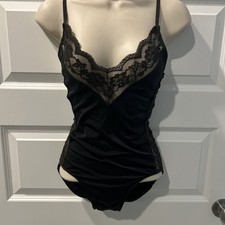 Lace Trim Bodysuit Lingerie Black Stretch One Piece Spaghetti Straps Size M