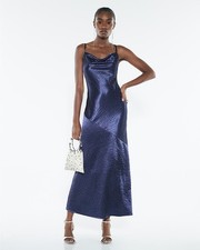 River Island Womens Slip Midi Dress Navy Satin Diamante Detail Cowl Neck