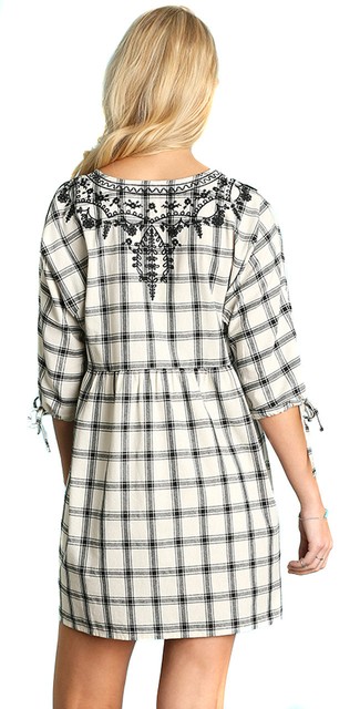 UMGEE Womens Boho Vintage Chic Plaid Embroidered Woven 3/4 Sleeve Dress S M L | eBay