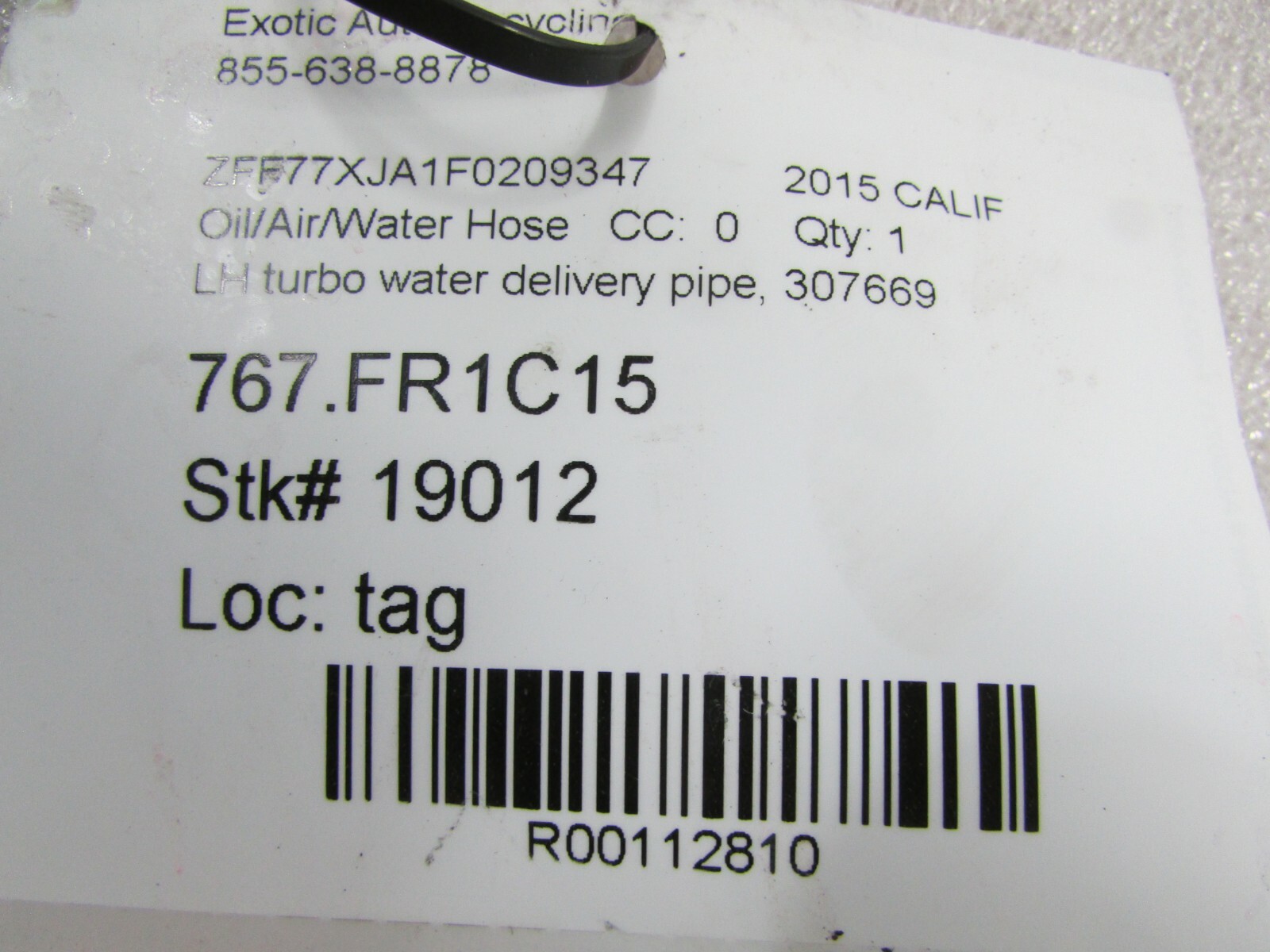 Ferrari California, LH, Left Turbo Water Delivery Pipe, Used, P/N 307669