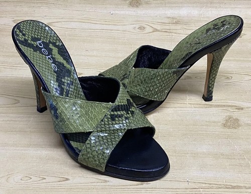 BEBE Snake Print Green OPen Toe Heeled Sandals Size 6 B Slip On Women Shoes - Picture 6 of 11