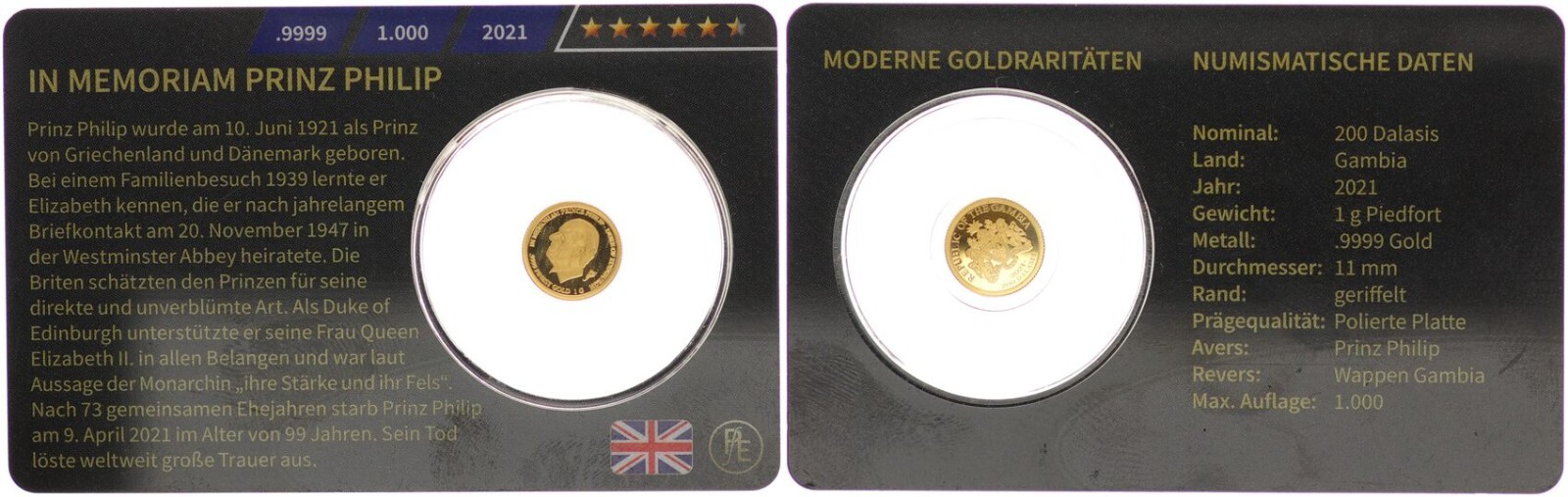 Gambia 200 Dalasis Oro 2021 IN Memoriam Príncipe Philip - 1g Piedfort Pp 122515