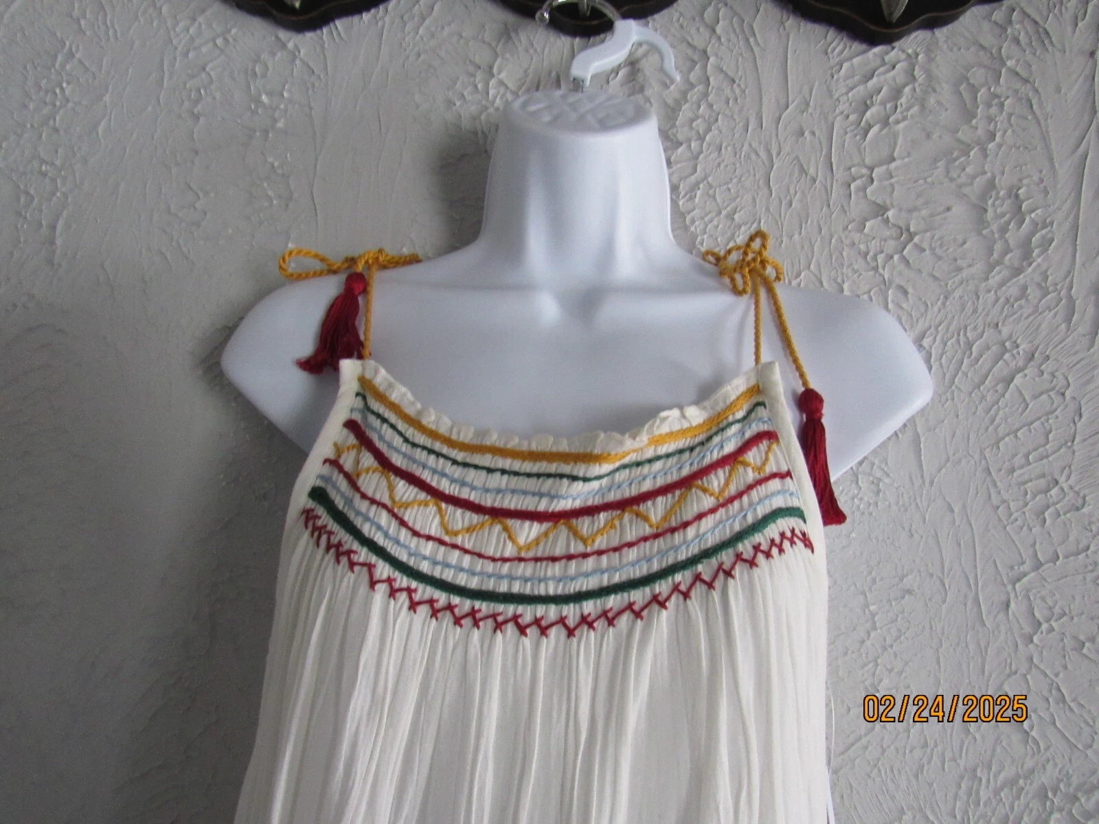 OFF WHITE Abito da spiaggia in velluto nuovo con etichetta tg S bianco garza spalline corda ricamato davanti retro foderato