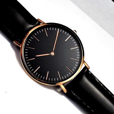 NWT Big Black Face Slim Miyota Quartz Unisex Watch Rose Gold Case Leather Straps