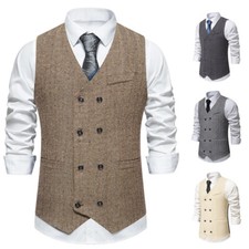 Tweed Men's Formal Dress Suit Vest Business Double Breasted Vintage Waistcoat