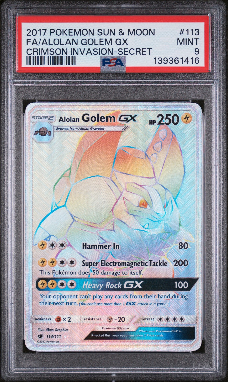 2017 POKEMON SUN & MOON CRIMSON INVASION SECRET FULL ART/ALOLAN GOLEM GX PSA 9