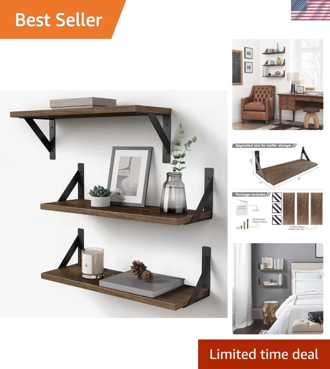 Rustic Floating Book Shelves for Wall Set of 3, 17 Inch Wood Wall Bookshelf f...