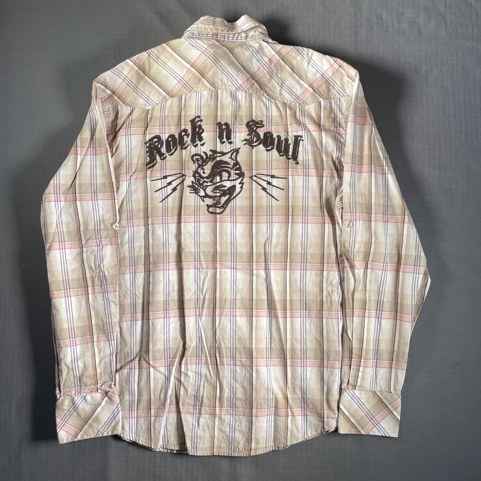 Camisa Dragonfly Rock n Soul Para Hombres Pequeña Beige A Cuadros Gato Occidental Bordada Foto 2 de 4