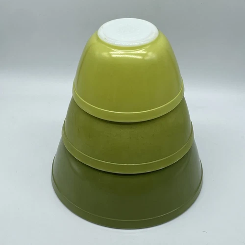 Pyrex Set 3 Vintage Verde Green Avocado Yellow Nesting Mixing Bowls 401 402 403