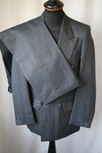 Vtg grey check double breasted 2 pce suit turn up small 36 W 30 L 28 revival - Picture 5 of 16