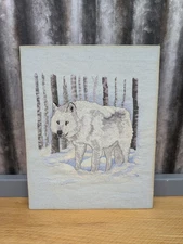 Completed Cross Stitch White Wolf Winter Snow Forest Unframed 11"x14"