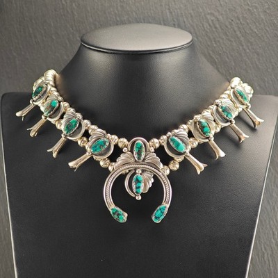 Native American Turquoise Floral Sterling Silver Squash Blossom Necklace 20 1/2''