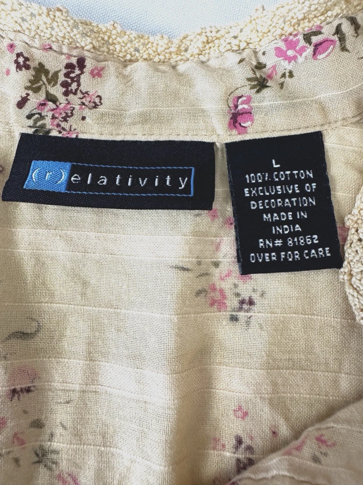 Relativity Tan Floral Pleated Blouse L Lace Crochet Trim Boho Cottagecore Top - Image 3 of 4