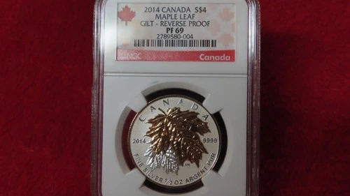 2014 Reverse Proof $4 Silver Maple Leaf Incused Gold Gilt Canada PF69 NGC
