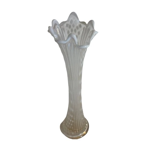 Fenton Swung Vase French Opalescent White Diamond Point Column 12.5” Art Glass