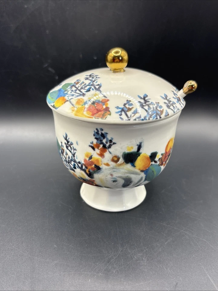 Anthropologie Botanica azucarero floral cuchara con tapa gres pintado a mano Foto 4 de 4