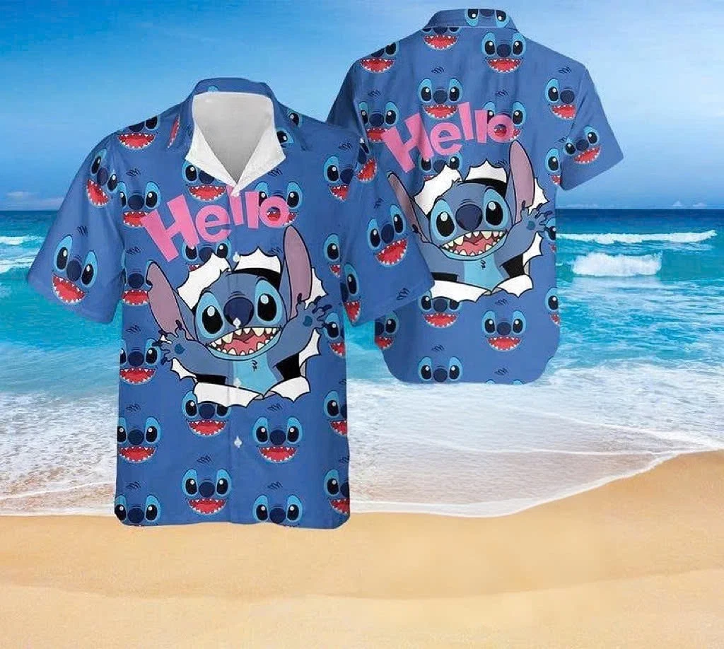 Disney Cute Stitch Hello Cracking Pattern Blue Alien Hawaiian Shirt