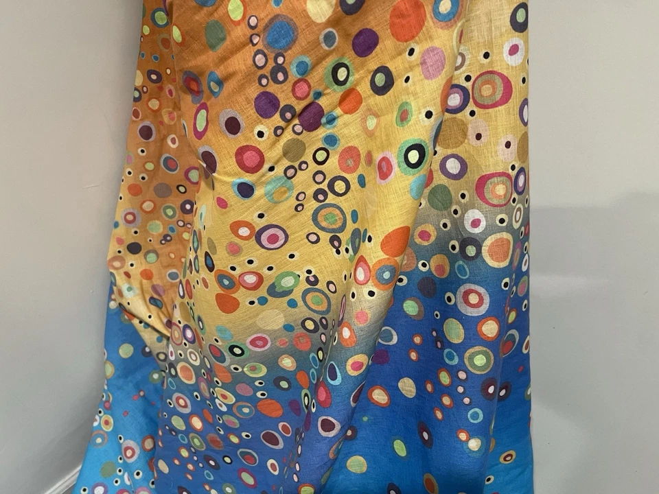 Tecido de linho estampado multicolorido amarelo pêssego azul 56” largura vendido por jarda - Imagem 4 de 4