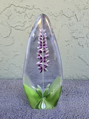 Awesome Mats Jonasson Purple Orchid Flower Glass Paperweight Sculpture