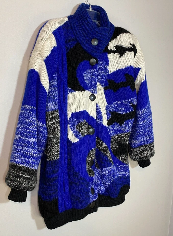 CHAQUETA SUÉTER VINTAGE AÑOS 80 NEIMAN MARCUS AZUL XS Gruesa CABLE TEJIDO Difusa Máxima Foto 4 de 4