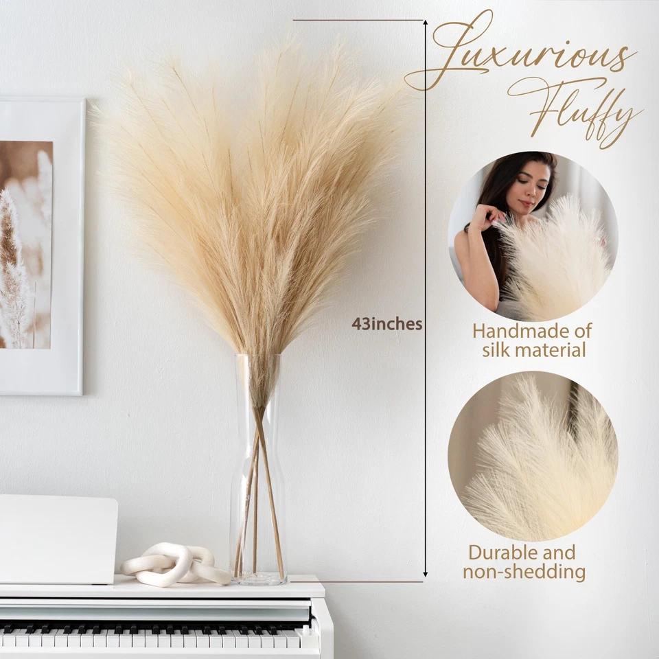 "5 tallos de hierba pampeana sintética de seda extra grande (43""/110 cm-beige)" - Imagen 3 de 4