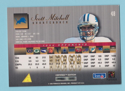 1995 Select Certified Edition Mirror Gold Scott Mitchell Detroit Lions #48 - Picture 2 of 2