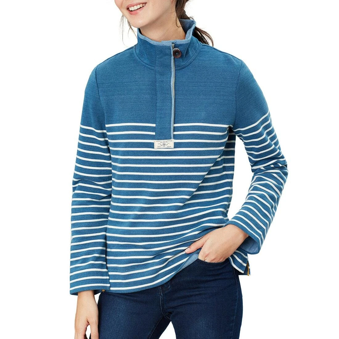 Joules Ladies Saunton Salt Sweatshirt in Blue Cream Stripe in